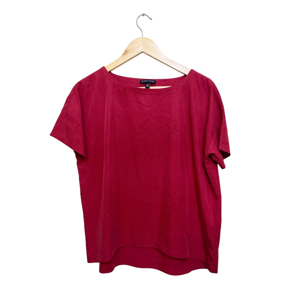 Eileen Fisher Silk Boat Neck Short Sleeve Top Raspberry Red XXS